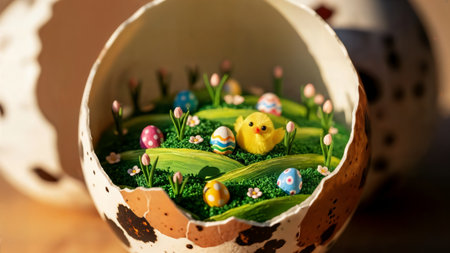 Charming easter chick and eggs nestled inside a large broken eggshell creating a miniature world. Spring scene.の素材