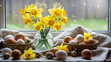 Spring still life with yellow daffodil flowers in vase and assortment of fresh farm eggs in woven baskets by a windowの素材