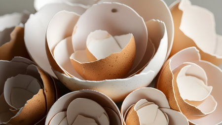 Creative eggshell arrangement resembling blooming flowers intricate detail easter decoration abstract nature still life compositionの素材