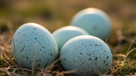 Intimate view of three speckled pale blue eggs resting in textured dry grass, bathed in warm golden hour sunlight.の素材