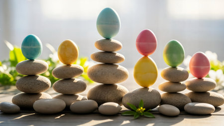 Easter eggs in various colors are balanced on stacked zen stones, creating a serene and colorful display outdoors.の素材