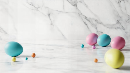 Collection of smooth pastel colored balls pink blue and yellow scattered across white polished marble countertop background.の素材