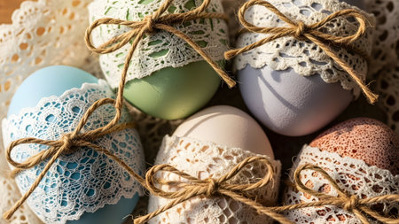 Collection of pastel Easter eggs adorned with delicate white lace and tied with rustic twineの素材