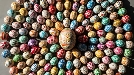 Detailed display of hand painted ornamental folk art eggs traditional ukrainian pysanky patterns in vibrant colors arrayの素材