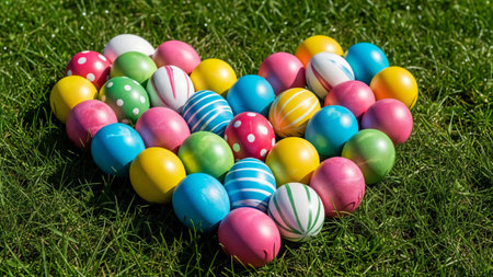 Heart shape made of colorful easter eggs on green grass, outdoor spring celebration, various patterns and colors, festive decoration.の素材