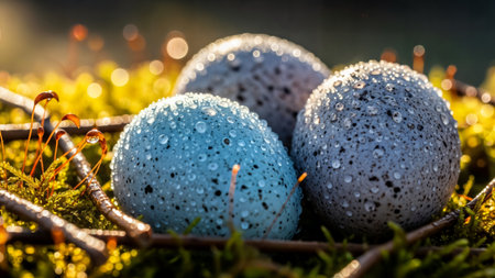 Close up of three speckled Easter eggs in natural nest covered in dew drops on moss background soft lightの素材