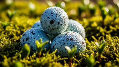 Natural bird eggs covered in dew drops nestled in vibrant green moss. Spring nature detail, tiny speckled shells outdoors.の素材