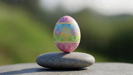 Vibrantly patterned Easter egg with intricate floral designs balancing perfectly on smooth gray stone, set against blurred green background.の素材