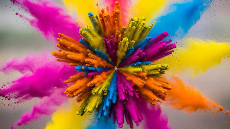 Vibrant burst of multi colored pigments from middle point. Star shape powder explosion with bright saturated hues.の素材