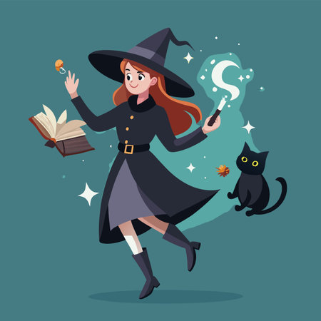 Young sorceress floating holding wand spellbook by familiar feline friendのイラスト素材