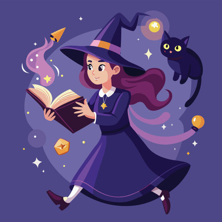 Girl in purple dress performs magic with book and familiar pet against dark backgroundのイラスト素材