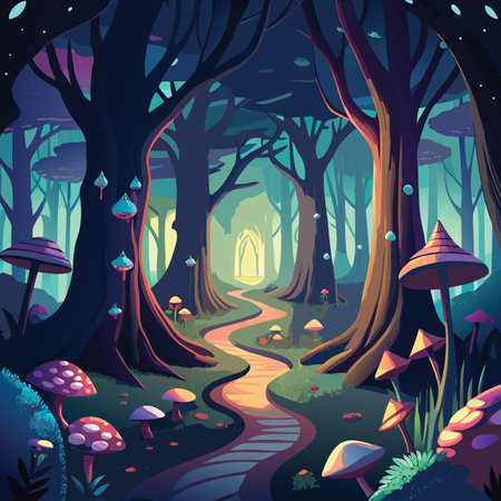 Enchanted woods trail with luminous fungi trees and distant bright cathedral doorのイラスト素材