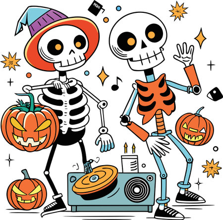 Skeletons at halloween dj setup with music notes pumpkins and festive starsのイラスト素材