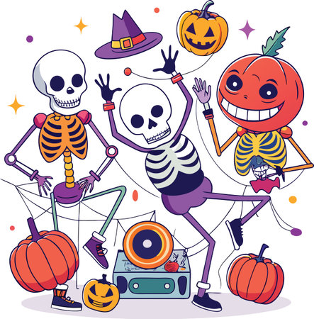 Spooky halloween party with dancing skeletons jack o lanterns and music celebrationのイラスト素材