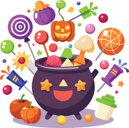 Happy witch cauldron filled with candy. Exploding treats, pumpkin, lollipops, and various sweets for fall holiday. Cute halloween party.のイラスト素材