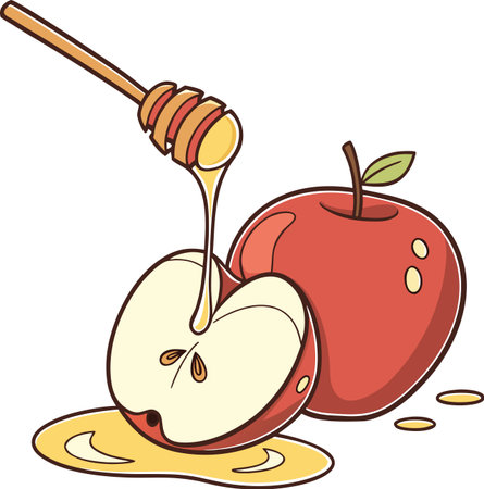 Delicious illustration of sweet red apple cut in half receiving sweet honey drizzle from wooden dipper for healthy dessertのイラスト素材