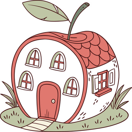 Sweet round apple house design drawing cute cartoon doodle style small fruit home illustration garden fantasy building.のイラスト素材