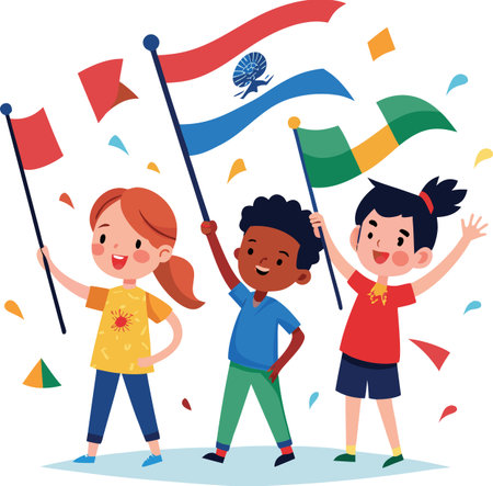 Happy children waving different flags and cheering in festive atmosphere. Multicultural kids celebrating national holidays and sporting achievements.のイラスト素材