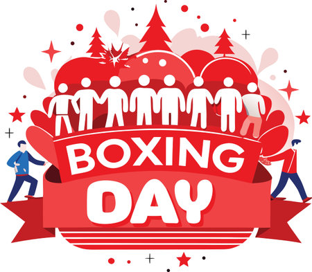 Vibrant illustration for boxing day featuring diverse group of people celebrating on large red banner with festive background elements.のイラスト素材