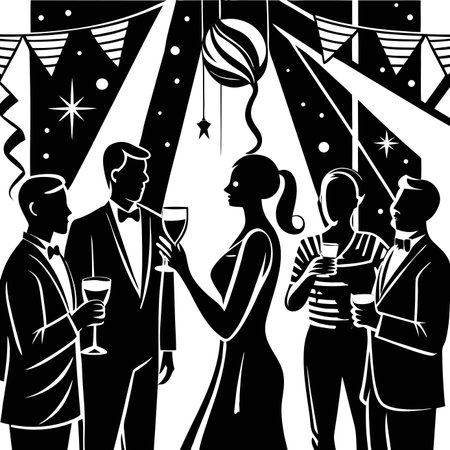 Elegant silhouettes of guests at cocktail party with drinks. People socialising in formal attire during gala event.のイラスト素材