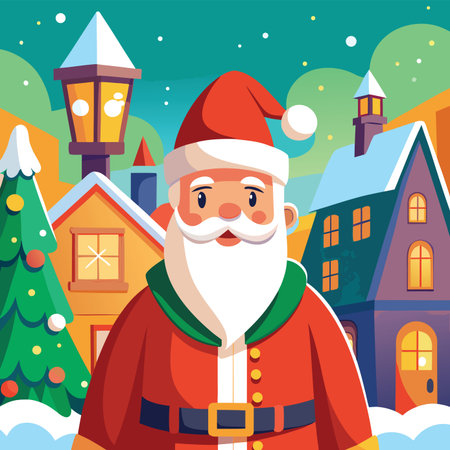 Santa Claus portrait in a festive Christmas village with snow, colorful houses, and decorated trees. Holiday greetings, winter scene.のイラスト素材