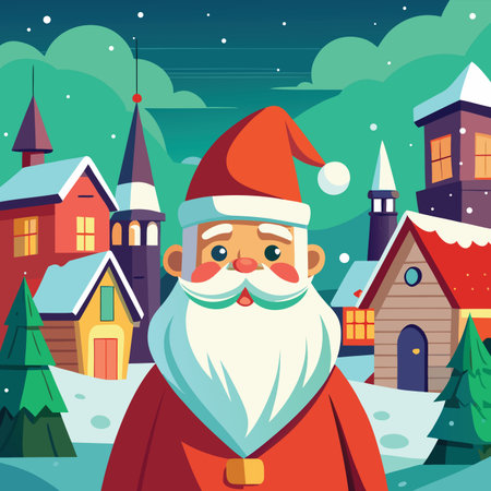 Santa Claus in snowy Christmas village with charming houses and pine trees. Festive winter scene, holiday spirit, traditional.のイラスト素材