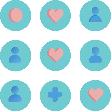 Collection of social media icons including user profile, heart, plus, and circle symbols on blue...