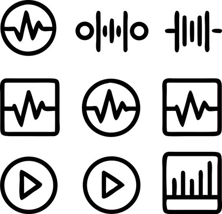 Sound waves icon collection featuring diverse graphic representations of audio signals waveforms and...
