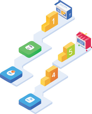 Isometric infographic showing a step by step process with numbered platforms and icons representing stagesのイラスト素材