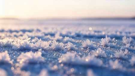 Winter landscape with small ice flowers. Frosted ground detail at golden hour. Cold morning hoarfrost on ice surface.の素材