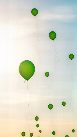 Many green balloons ascending into a clear, bright sky with soft clouds, representing freedom and celebration.の素材
