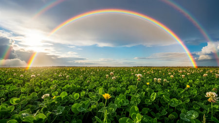 Scenic countryside landscape showcasing abundant green growth and striking double arc of vibrant colorの素材