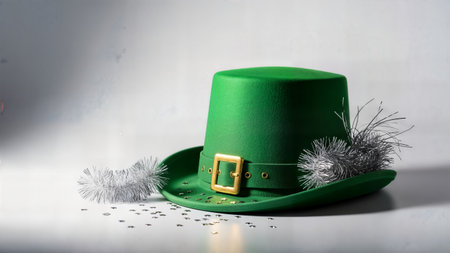 A festive green leprechaun hat with a gold buckle and sparkly glitter, perfect for St. Patrick's Day.の素材