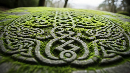Ancient Celtic knot stone covered in vibrant green moss, evoking history and mystery.の素材