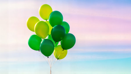 Colorful party balloons in sky. Festive celebration decoration at dusk. Greenery tones against blue pink background.の素材