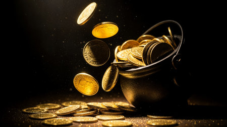 Pot overflowing with golden coins, treasure overflowing, wealth concept, money falling out, abundanceの素材
