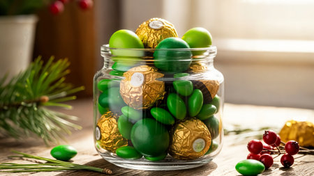 Sweet confectionery treats in clear jar using irish holiday colors. Festive gold and green candy on wooden background with sunlight.の素材