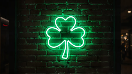 Illuminated green neon light shaped like clover leaf. Modern saint patricks day decoration on textured brick background.の素材