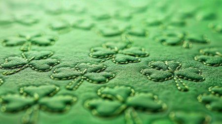 Close up view of soft green textile material featuring stitched clover shapes for festive craft projectsの素材
