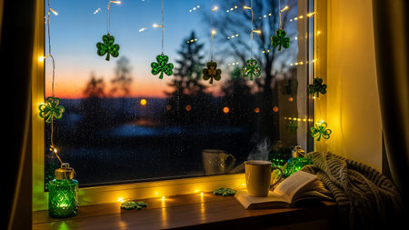 Cozy window view. String lights shamrock decorations. Warm atmosphere. St patricks day evening celebration.の素材