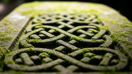 Historic celtic knot carving. Moss covering ancient stone texture. Traditional irish artwork detail. Archaeology background.の素材