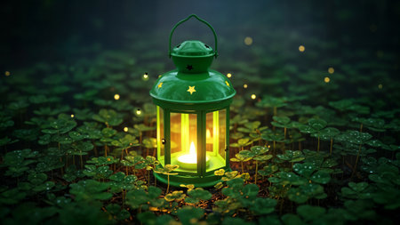 Enchanted green lantern illuminates patch of four leaf clovers in magical evening woodland settingの素材