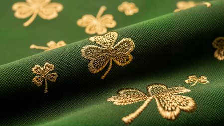 Luxurious detailed metallic thread artwork depicting four leaf clovers on textileの素材