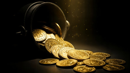 Treasure pot overflowing with golden coins a dramatic close-up of wealth and riches on black background for st patrick's day themeの素材