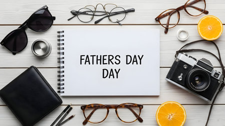 Top down view of fathers day essentials including eyeglasses camera vintage style writing pad oranges and walletの素材