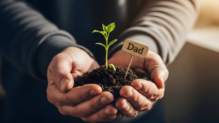 Person holding young plant in soil with dad sign. Father day gardening concept. Growth symbol in cupped human palms.の素材