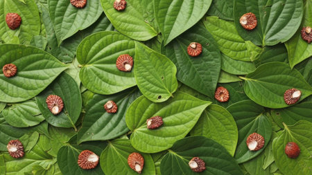 Betel leaves and araca nuts, natural green background, healthy ingredients, vibrant color, organic pattern, asian cultureの素材