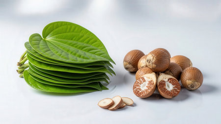 Natural betel leaves stacked beside whole areca nuts and sliced pieces. Traditional herbal ingredients on light floorの素材