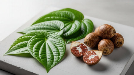 Studio shot of green heart shaped leaves and dried areca seeds on gray minimalist pedestal with soft lighting effectの素材