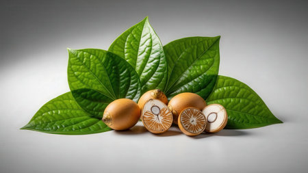 Bright green betel leaves positioned behind whole and cut areca nuts. Studio lighting on traditional asian ingredientsの素材